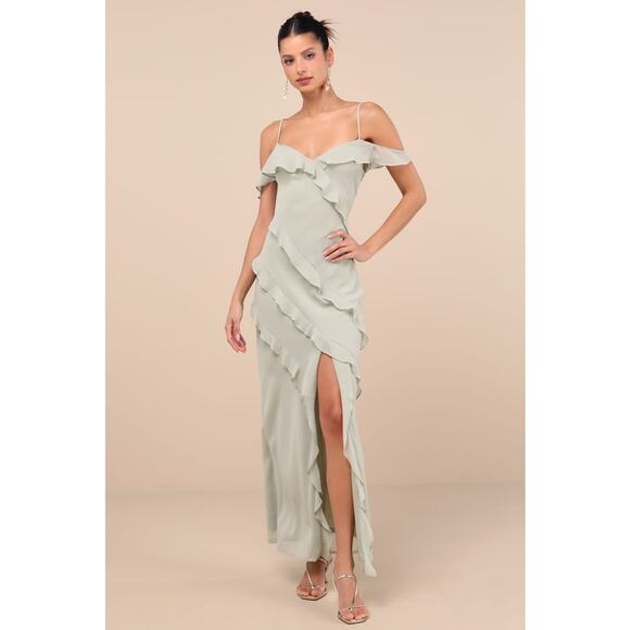 NWT Lulus Elara Light Sage Ruffled Maxi Dress Bridesmaid Banquet Wedding Sz XL - Picture 1 of 7